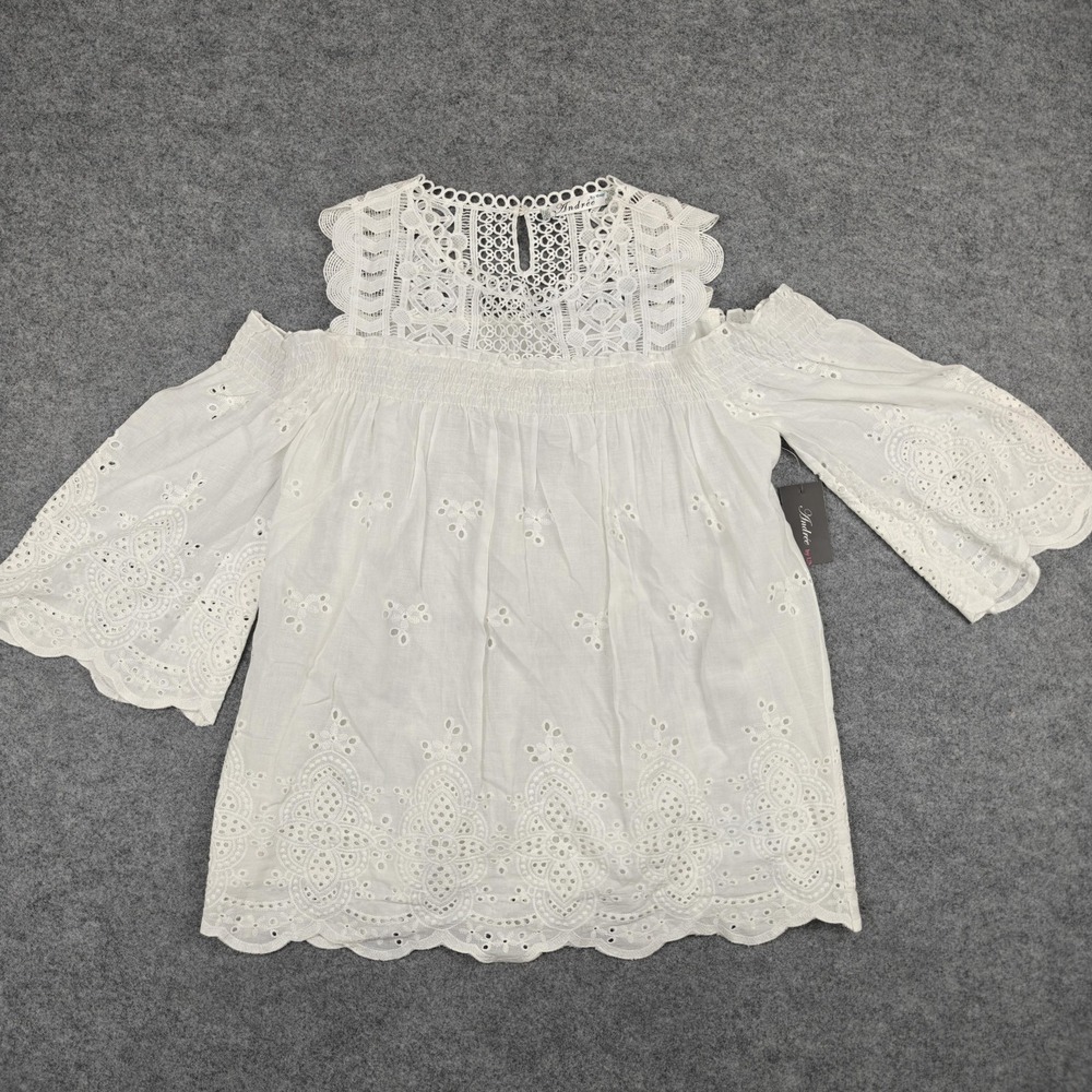Andree By Unit Blouse Womens Medium White Lace Boho Tunic Top 3/4 Sleeve New